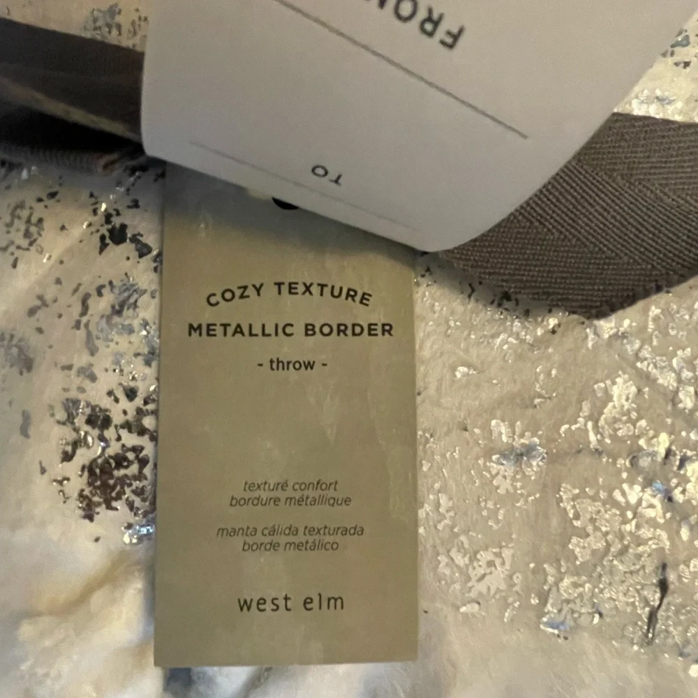 Brand New West Elm Cozy Texture Metallic Border Cream and Silver Throw Blanket